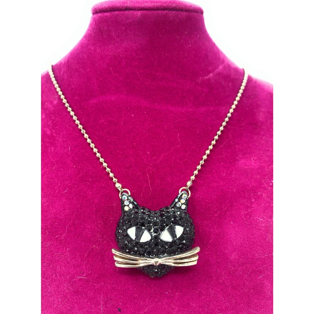 Betsey Johnson Pave Crystal Black Cat Pendant Necklace Silver Chain